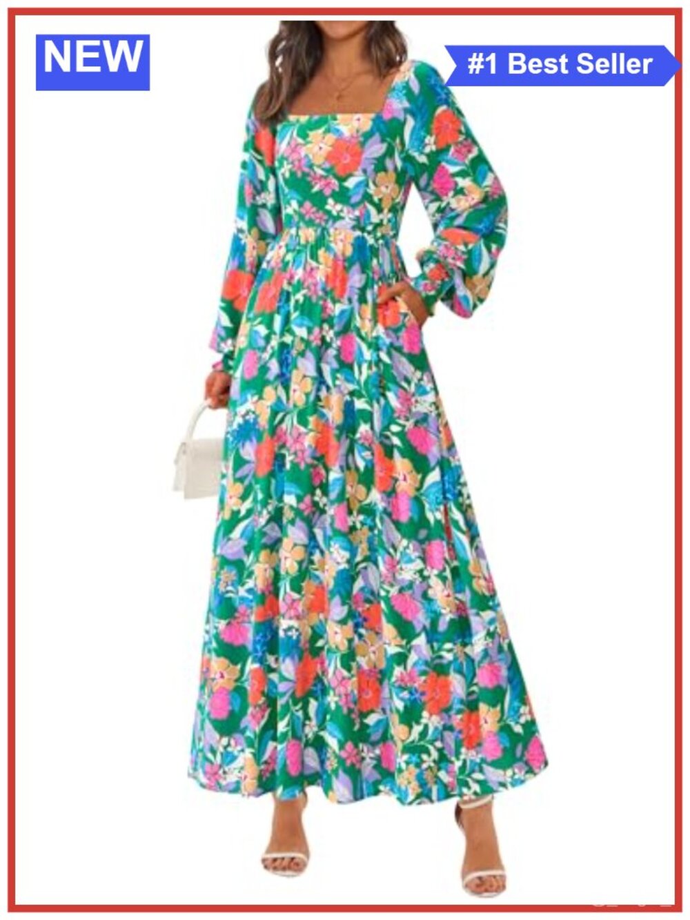 PRETTYGARDEN Viscose Floral Maxi Dress Long Sleeve Square Neck Wedding Guest